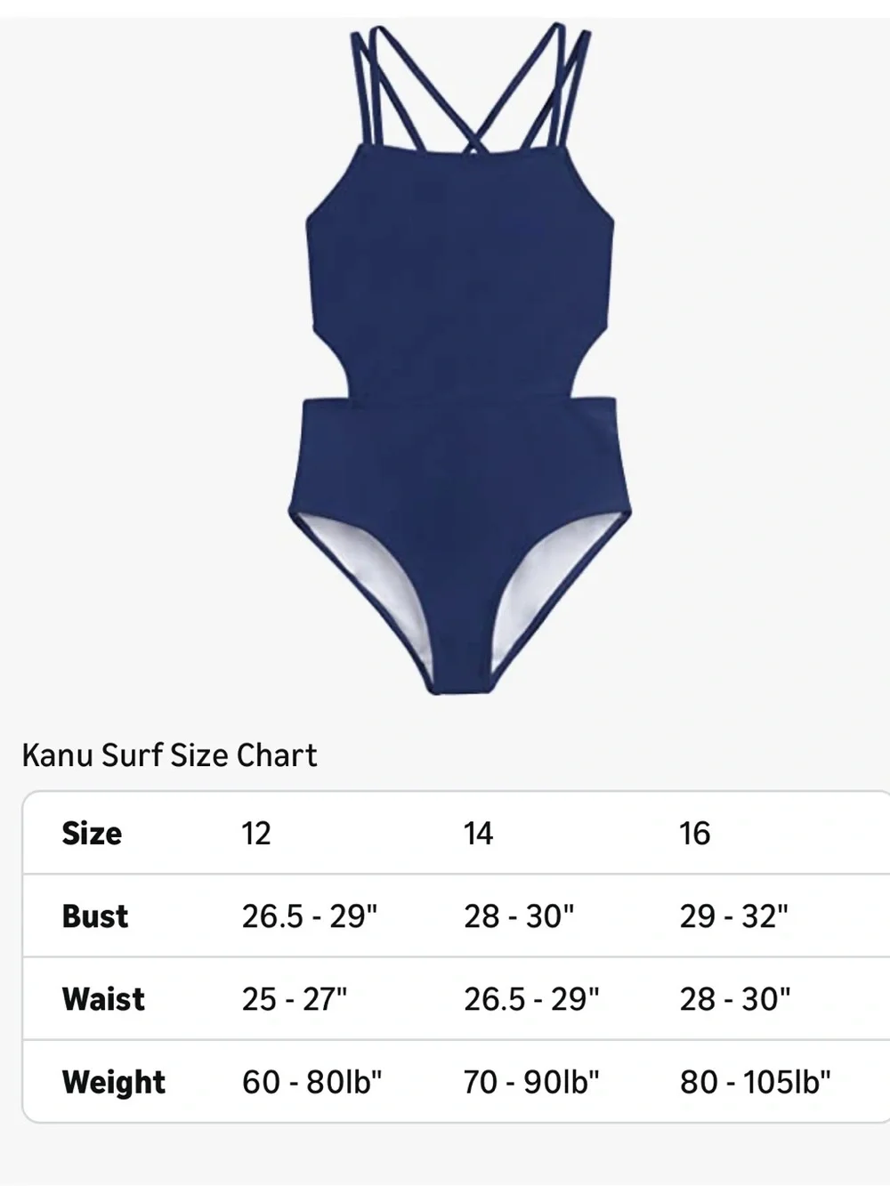NWT Kanu Surf Girls' Beach Girl Sport Cut-Out One Piece Swimsuit Navy Blue 14